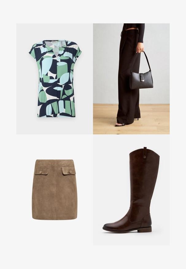 Krátky rukáv, top s výstrihom do V vo farbách námorníckej modrej, mätovej zelenej a svetlomodrej s abstraktnými geometrickými vzormi a s nariasením na spodnom okraji.; Hnedá semišová mini sukňa s hladkou textúrou, ktorá má dva predné vrecká s klopou a gombíkové zapínanie na každej strane. Jednoduchý, rovný dizajn.; Hnedé čižmy po kolená vyrobené z hladkej kože, s okrúhlou špičkou, nízkym zúženým podpätkom a jemným prešívaním pozdĺž strán.; Čierna kabelka so štruktúrovaným tvarom, hladkou textúrou a kovovou sponou. V kombinácii so širokými čiernymi nohavicami a sandálmi s otvorenou špičkou na drevenej podlahe.