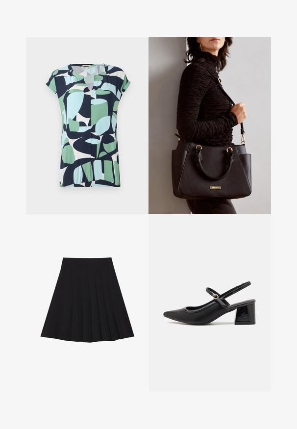 Kortærmet, v-udskåret top i navy, mintgrøn og lyseblå med abstrakte geometriske mønstre og en samling detalje ved kanten.; Sort plisseret nederdel lavet af struktureret stof med en tætsiddende talje. Faldende til knæ længde og har en glat, ren silhuet.; Sorte patentlæder slingback hæle med spids tå, rund udskæring og blokhæl. Har en guldtonet spændeaccents.; Sort håndtaske med struktureret overflade, dobbelt topbærere og justerbar skulderrem. Udstyret med guldfarvet metalhardware og sidelommer.