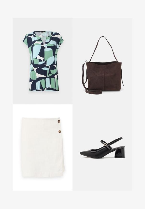 Korte mouwen, V-hals top in marineblauw, muntgroen en lichtblauw met abstracte geometrische patronen en een geraffineerde detail aan de zoom.; Witte rok van een textuurstof, met een wikkelontwerp en twee ronde knopen aan de zijkant voor sluiting.; Zwarte gepolijste leren slingback hakken met een spitse neus, een ronde uitsnede en een blokhak. Voorzien van een gouden gespaccent.; Bruine suède schoudertas met een zachte textuur, voorzien van een enkele schouderband en een subtiele, gebogen bovenopening. Geen zichtbare hardwaredetails.