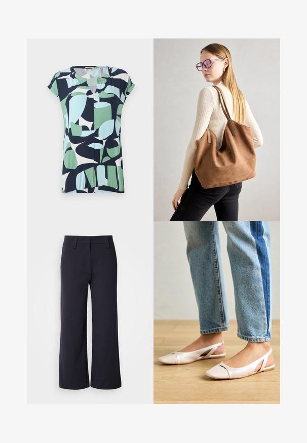 Kortärmad topp med v-ringning i marinblått, mintgrönt och ljusblått med abstrakta geometriska mönster och ett samlat detaljer vid fållen.; Breda byxor i mörk marinblått tyg. Har flat front, bältesöglor och sidofickor. Materialet är slätt med en lätt stretch.; Ljust rosa slingback-lägenheter med spetsig tå, tillverkade av ett slätt läderliknande material. Har utskurna detaljer på sidorna och en platt häl.; Brun mocka toteväska med mjuk textur, stor öppning och långa axelremmar. Har en enkel design med synliga sömmar och ingen hårdvara.