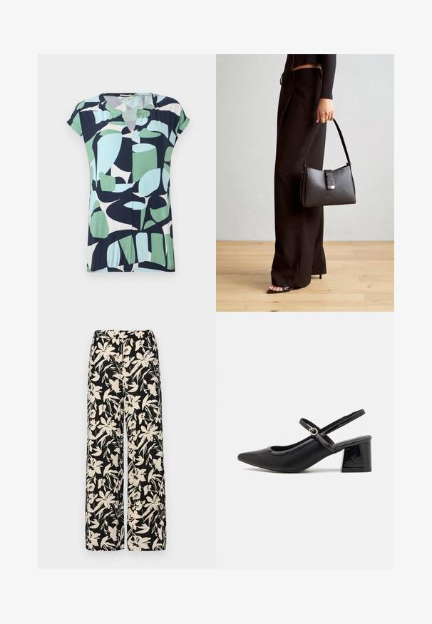 Top a maniche corte e scollo a V in navy, verde menta e azzurro chiaro con motivi geometrici astratti e un dettaglio arricciato all'orlo.; Pantaloni larghi neri con un motivo floreale crema. Realizzati in tessuto leggero, con una texture liscia e una vita alta.; Décolleté in vernice nera con cinturino dietro, punta affusolata, design con ritagli arrotondati e tacco a blocco. Presenta un accento di fibbia tono oro.; Borsa nera con forma strutturata, texture liscia e una chiusura metallica. Abbinata a pantaloni neri larghi e sandali open-toe su un pavimento in legno.