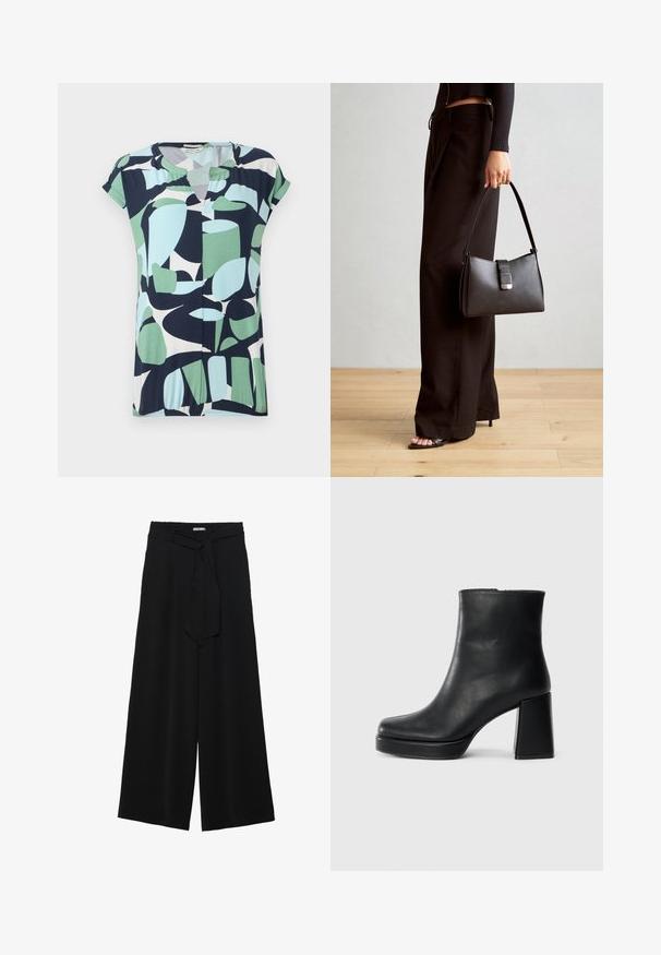 Top cu mânecă scurtă, de tip v-neck, în nuanțe de bleumarin, verde mentă și albastru deschis, cu modele geometrice abstracte și un detaliu pliat la tiv.; Pantaloni largi negri dintr-un material texturat, cu un tiv elastic și o panglică detașabilă la talie pentru un fit ajustabil.; Botină din piele neagră, cu toc pătrat și talpă platformă, văzută din lateral pe un fundal alb simplu.; Genți negre cu o formă structurată, textură netedă și un închizător metalic. Asortată cu pantaloni negri largi și sandale cu vârf deschis pe un podea din lemn.