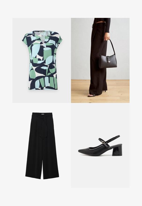 Kortærmet, v-udskåret top i navy, mintgrøn og lyseblå med abstrakte geometriske mønstre og en samling detalje ved kanten.; Sorte vide bukser i en tekstureret stofkvalitet, med elastisk talje og et aftageligt bånd i taljen for justerbar pasform.; Sorte patentlæder slingback hæle med spids tå, rund udskæring og blokhæl. Har en guldtonet spændeaccents.; Sort håndtaske med struktureret form, glat overflade og metalspænde. Sammen med brede sorte bukser og sandaler med åben tå på trægulv.