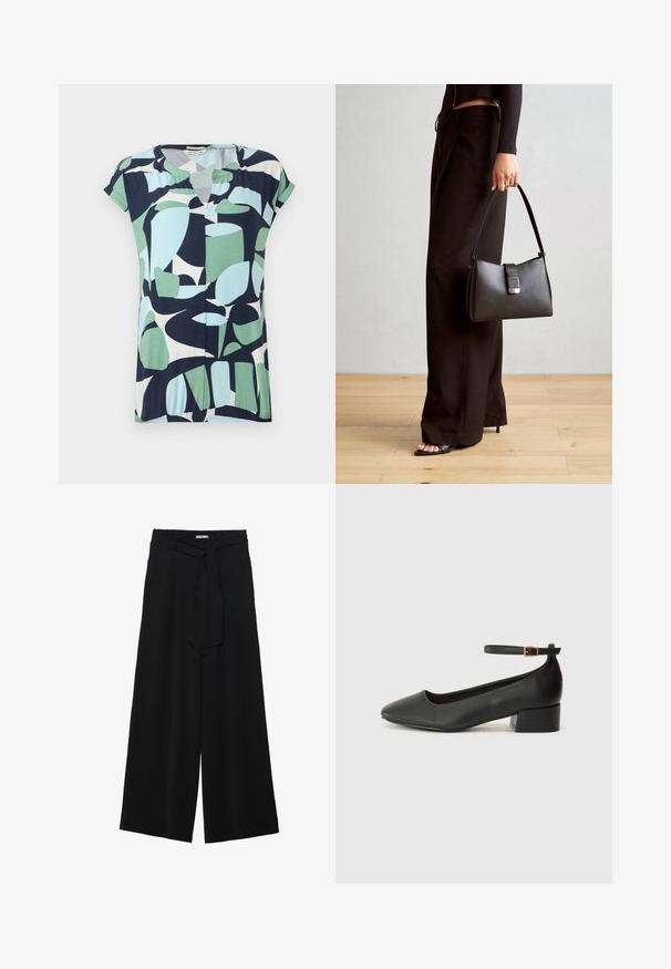 Kortermet, v-hals topp i marineblå, mynta grønn og lys blå med abstrakte geometriske mønstre og en r gathered detalj nederst.; Svart vide bukser med teksturert stoff, elastisk midje og avtagbart belte som gir justerbar passform.; Sorte skinnpumper med spiss tå og lav blokkhelt. Har ankelrem med gullfarget spenne. Glatt tekstur.; Svart håndveske med strukturert form, jevn tekstur og metallisk lås. Kombinert med brede svarte bukser og sandaler med åpen tå på tregulv.
