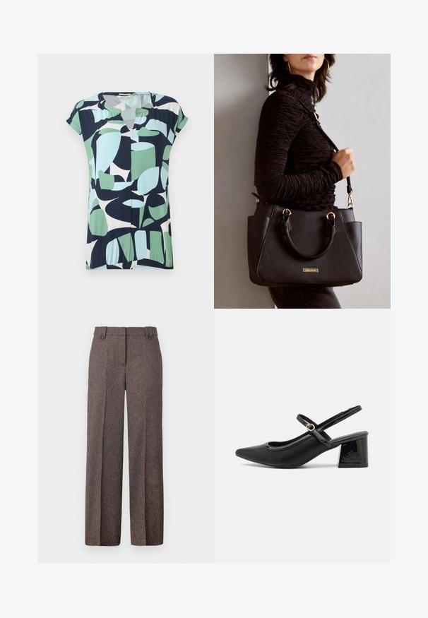 Short-sleeve, v-neck top in navy, mint green, and light blue with abstract geometric patterns and a gathered detail at the hem.; Brown wide-leg trousers made from textured fabric. Features two front pockets and a tailored fit with two buttons at the waistband.; Black patent leather slingback heels with a pointed toe, a rounded cutout design, and a block heel. Features a gold-tone buckle accent.; Black handbag with textured surface, dual top handles, and adjustable shoulder strap. Features gold-tone hardware and side pockets.