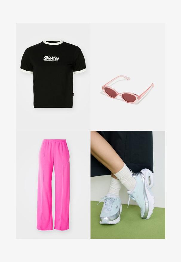 Must must shirt musta valge sooniku ääre ja varruka otsadega. Esipoolt valge logo tekst: "Dickies Workwear Company." Lühikesed varrukad.; Roosa, vabalt istuvad, kerge kangaga dressipüksid elastse vöökohaga ja külgõmblustega. Ees on väike logo vasaku reie ülaservas.; Heled sinine tennis, millel on hõbedased detailid, tekstureeritud ülemine osa, pehme põhi ja nähtav õhukamber. Kombineeritud valgete ribadega sokkidega.; Roosa läbipaistvusega prillid ovaalsete läätsedega, tumepunase varjundiga ja peenikeste varsidega, millel on sile viimistlus ja peened detailid raamile.