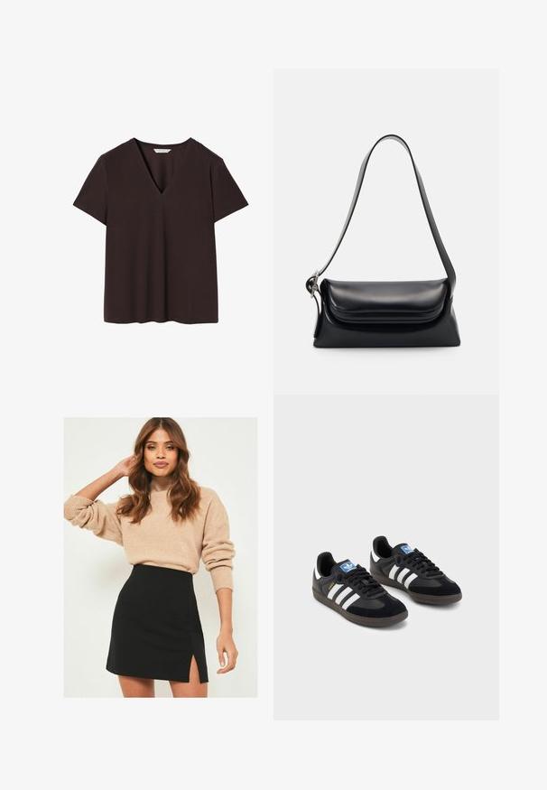 Mörkbrun t-shirt i mjukt tyg, med djupt V-halsing, korta ärmar och rak fåll med subtila sömnadsdetaljer.; Beige stickad tröja med ribbade manschetter, tillsammans med en svart miniskirt med en sidoklyvning. Outfiten har en avslappnad men ändå figurnära silhuett.; Svarta sneakers med övre del av mocka och syntetmaterial, med tre vita ränder, texturerad gummisula och blå logotags på tungan.; Svart läderhandväska med en strukturerad form, en slät yta och ett enda axelband. Har en subtil, rundad klaffdesign.; Silver Casio kvartsur med rektangulärt urtavla, analog och digital visning, armband i rostfritt stål och vattentåliga egenskaper.