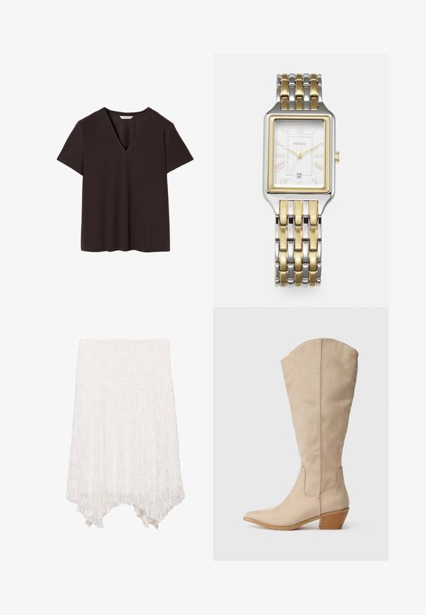 T-shirt marron foncé en tissu doux, avec un décolleté en V plongeant, des manches courtes et un ourlet droit avec des détails de couture subtils.; Jupe en dentelle blanche avec un design en couches, ornée d'un motif floral et d'un ourlet asymétrique, plus court à l'avant et plus long à l'arrière.; Bottes beiges en daim, montantes jusqu'au genou, avec un bout pointu, un talon empilé et des détails de couture visibles. Texture lisse avec un design simple.; Montre Fossil carrée avec un bracelet en métal argenté et doré. Cadran blanc avec chiffres romains dorés et affichage de la date à 6 heures. Finition polie.; Bracelet en métal ton or avec des sections interconnectées et flexibles, présentant une texture lisse et rainurée. Design circulaire avec une finition réfléchissante.