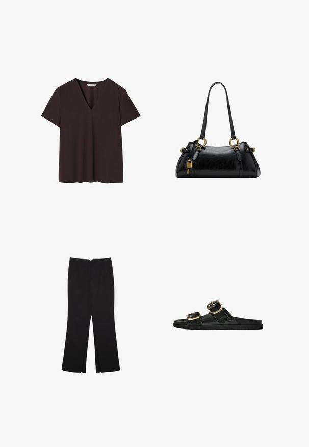 T-shirt marrone scuro realizzato in tessuto morbido, con scollatura a V profonda, maniche corte e orlo dritto con dettagli di cucitura sottili.; Pantaloni neri a gamba dritta, con tasche frontali e spacchi laterali all'orlo. Realizzati in tessuto morbido e liscio. Adatti a diverse occasioni.; Infradito neri con due accenti di fibbia dorata, materiale dalla texture liscia, suola piatta e design minimalista.; Borsa a mano in pelle nera con una texture liscia, forma arrotondata, dettagli in hardware dorato e doppi manici. Presenta un lucchetto decorativo sul lato.
