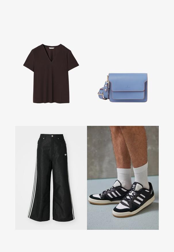 Tricou de culoare maro închis, realizat dintr-un material moale, cu un decolteu adânc în V, mâneci scurte și tiv drept cu detalii discrete de cusătură.; Pantaloni din denim negri, cu croi evazat, având trei dungi albastre pe fiecare parte și un mic logo alb. Dispune de buzunare frontale și închidere cu buton.; Adidași negri și albi cu un superior din suede și piele, prevăzuți cu trei dungi albe, un vârf perforat și o talpă din cauciuc caramel.; Geantă crossbody din piele albastră, cu o textură netedă, formă rectangulară, cusături contrastante portocalii și închidere cu clapetă. Include un bretele ajustabil.