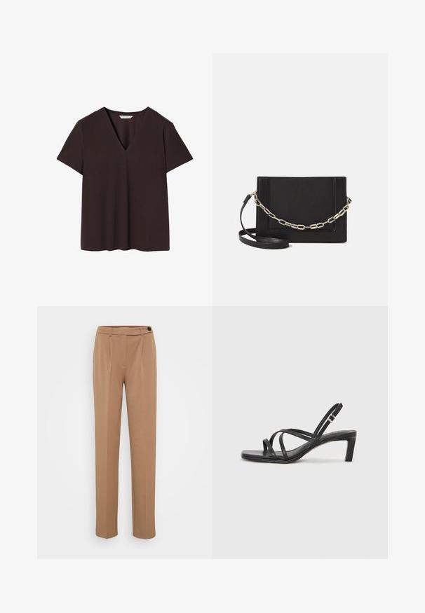 Tumepruun T-särk pehmest kangast, millel on sügav V-kaelus, lühikesed varrukad ja sirge ääreline koos peente õmblusdetailidega.; Pruunid kohandatud püksid sirge jala lõikega, millel on üks nööp ja plekiline esiküljeladisain. Sile tekstuur, minimalistlik stiil.; Mustast rihmajalatsid ruudukujulise varba ja madala ploki kontsaga. Omab mitmeid õhukesi rihmasid ja reguleeritavat pahkluu rihma. Valmistatud siledast nahast.; Mustast nahast õlakott, mis omab siledat tekstuuri, ristküliku kuju ning esiküljel metallketi detaili. Reguleeritav rihm on kaasas.