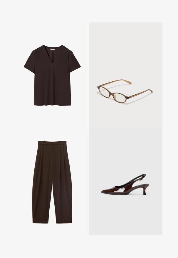 Dunkelbraunes T-Shirt aus weichem Stoff, mit tiefem V-Ausschnitt, kurzen Ärmeln und geradem Saum mit dezenten Stickdetails.; Braune, hoch taillierte Hose mit Falten, aus glattem Stoff. Lässige Passform, gerade Beinform, mit Gürtelschlaufen und Reißverschluss.; Braune Lackleder-Slingback-Schuhe mit spitzer Zehe und moderatem Absatz. Mit einem Schnallenriemen für einen sicheren Sitz. Glatte Textur.; Braune Schildpatt-Brille mit ovalen Gläsern, dünnen Bügeln und transparenten Akzenten. Verfügt über ein dezentes Logo am Bügel. Elegantes, leichtes Design.