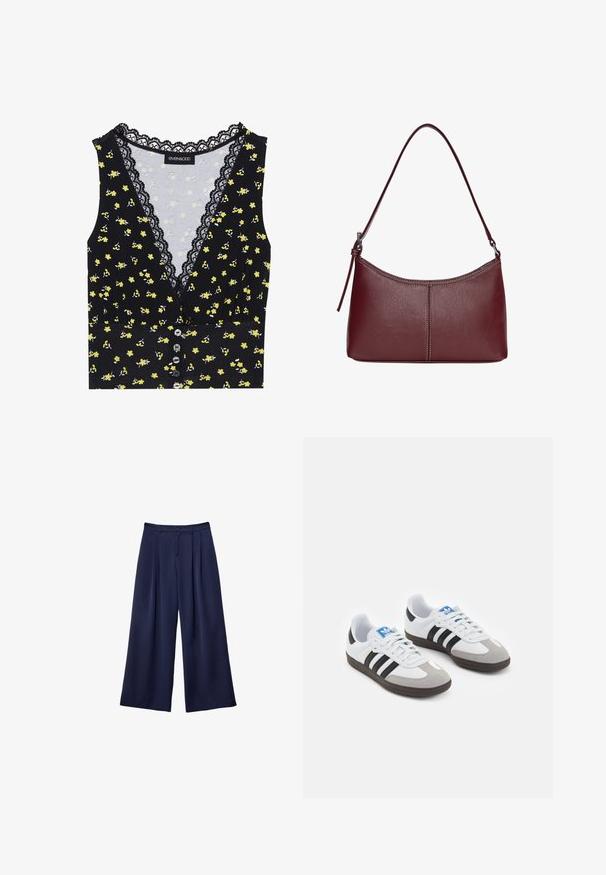 Crna majica s žutim cvjetnim uzorkom, čipkastim rubom na izrezu, kopčanjem sprijeda i pripijenim dizajnom. Mekana tkanina s blagim rastezanjem.; Tamnoplave široke hlače s plitkim naborima, s gumbom u struku i petljama za remen, prikazane ravno na bijeloj pozadini.; Sportske cipele s gornjištem od bijele kože, sivi suedinasti nos i tri crne pruge. Imaju plavi logo na jeziku i teksturiranu gumenu podlogu.; Bordo kožna torba s zakrivljenim oblikom, jednim remenom za rame i šivenim detaljima na sredini. Glatka tekstura, minimalni dodaci.
