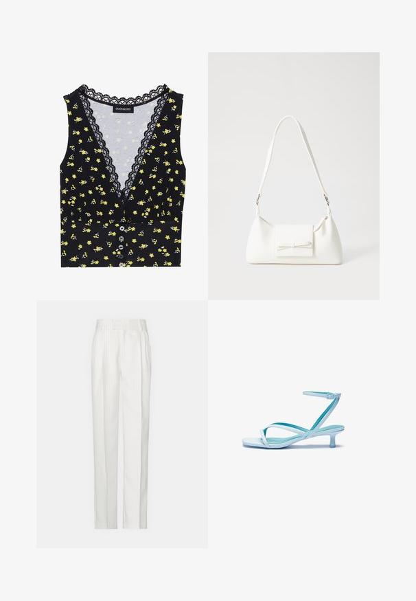 Mustristi mustreeritud must topp, millel on kollased lillemustrid, pitsääris kaeluses, nööbid ees ja keha lähedane disain. Pehme kuma kergelt veniv materjal.; Valged triibulised püksid, sirgete jalgade disainiga, valmistatud kergest kangast. Ees on voldid ja traditsiooniline talje.; Heledad sinised rihmaga jalatsid, millel on ruudukujuline varvas, madal konts, reguleeritav pahkluu rihm ja sile, läikiv viimistlus. Risti rihmad jalatsipadjal.; Valge sünteetilisest materjalist kott kolmnurkse kujuga, lame esiklapiga ja kaaredetailiga, reguleeritava rihmaga, sileda tekstuuriga ja minimalistliku disainiga.