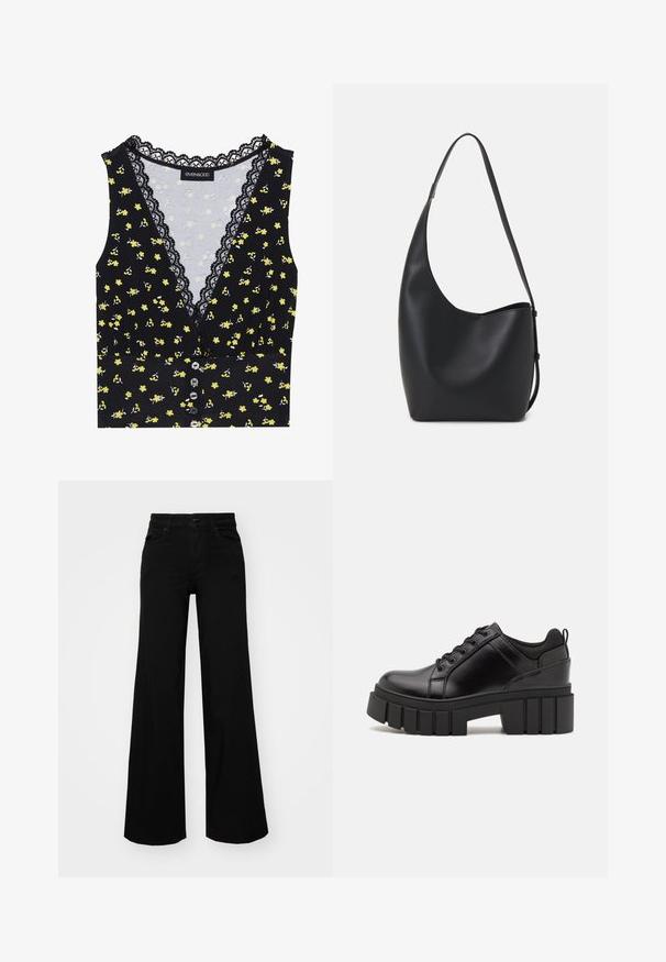 Top negru cu un model floral galben, dantelă la gât, închidere cu butoni și un design ajustat. Material moale cu ușor elastic.; Pantaloni negri cu picioare largi, din denim, cu un brau structurat, bucle pentru curea și buzunare frontale. Textură netedă, cu un design clasic.; Pantofi cu talpă plată din piele neagră, cu toc gros, vârf rotund și design tradițional cu șireturi. Prezintă o textură netedă și detalii minime.; Geantă hobo din piele neagră, cu o textură netedă, formă curbată și un singur bretele ajustabil; are o deschidere largă în partea de sus.