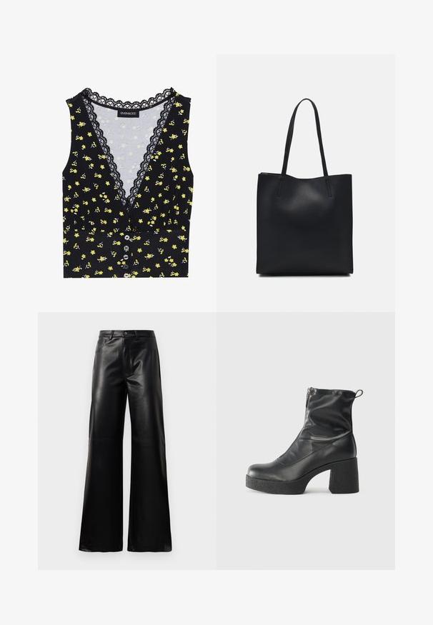 Juodas viršus su geltonu gėlių raštu, nėriniuota apykaklė, mygtukų uždarymas priekyje ir prigludusi forma. Minkšta medžiaga su nežymiu elastingumu.; Juodos aukšto juosmens plačios kojų dirbtinės odos kelnės su priekiniais mygtukais, užtrauktuku, diržo kilpomis ir šoninėmis kišenėmis ant balto fono.; Juodos kulkšninių botai, pagaminti iš lygaus odos, su šoniniu užtrauktuku, masyviu tekstūruotu kulnu ir apvaliu pirštu.; Juodas odinis tote krepšys su lygia tekstūra, stačiakampio formos ir dviem ilgais rankenomis. Matomų metalinių detalių ar puošybos nėra.