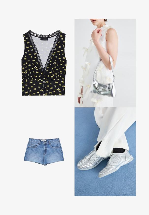 Černý top s žlutým květinovým vzorem, krajkovým lemem na výstřihu, zapínáním na knoflíky vpředu a fitted střihem. Měkká tkanina s mírným elastickým efektem.; Džínové šortky v světle modrém odstínu, s třepaným lemem, klasickým pětipocket designem a zapínáním na knoflík vpředu.; Stříbrné sportovní boty s hladkým, lesklým povrchem, se šitým designem a číslem 90 na boku, spárované s bílými kalhotami.; Stříbrná kovová kabelka se strukturovaným tvarem, s horním držadlem a detailem v podobě mašle na přední straně. Hladký povrch, reflexní lesk.