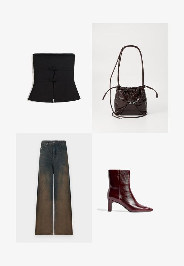 Črna tkanina brez naramnic s širokim robom, ki ima dva zavezana detajla v pasu in gladko, raztegljivo teksturo.; Široke hlače iz temnega džinsa z gradientnim prehodom od temno rjave do svetlo rjave, z klasičnim petim žepom in kovinskim gumbom za zapiranje.; Burgundska usnjena gležnarja s koničastim nosom, elegantne zasnove in srednjo blok peto. Gladka tekstura in minimalno šivanje.; Temno rjava sijoča usnjena torba čez ramo z nabiranim zgornjim delom in tankim nastavljivim trakom, ki je na sprednji strani opremljena z majhno kovinsko zaporo srebrne barve.