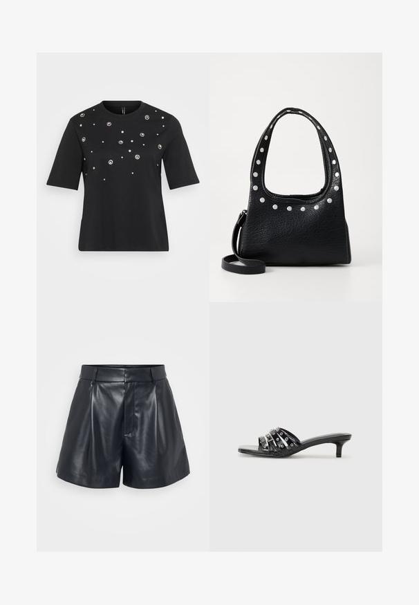 Črna kratka majica s kratkimi rokavi iz bombaža, ki ima okrogle srebrne okraske razporejene v raztresenem vzorcu po sprednjem delu.; Črne usnjene kratke hlače z gladko teksturo, krojene zasnove, nagubanimi sprednjimi deli in zankami za pas; vsebujejo skriti žep na strani z zadrgo.; Črne pete sandale z več sijočimi trakovi in kovinskimi detajli, z ozkim nosom in skromnimi zažigalci. Gladka tekstura.; Črna teksturirana usnjena torbica s srebrnimi žebljički ob zgornjem robu in ročajih, ki ima kratek ročaj in odstranljiv trak.