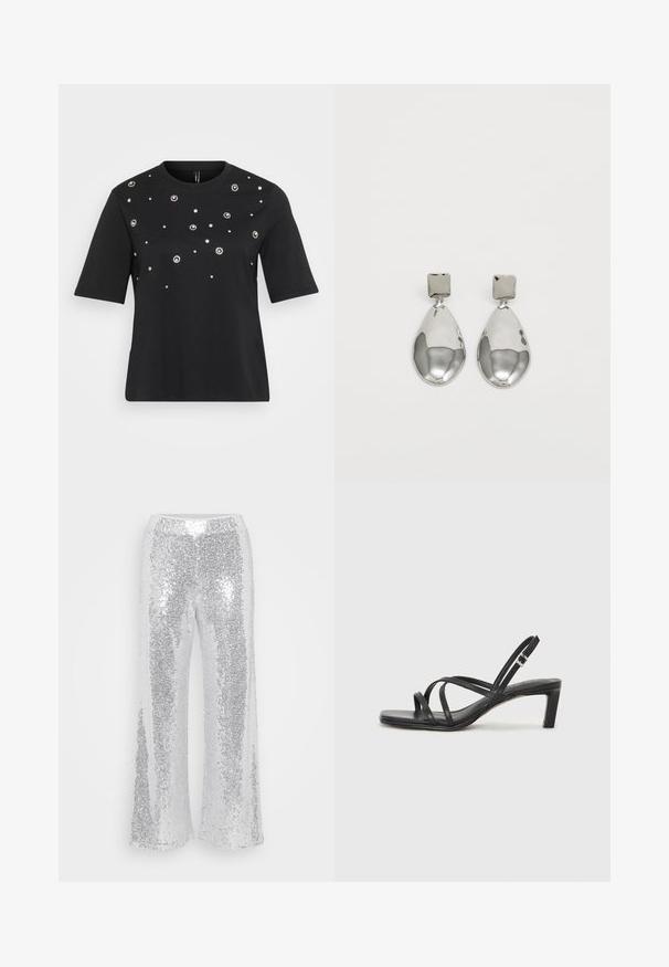 Sort kortærmet t-shirt lavet af bomuld, med cirkulære sølvdekorationer arrangeret i et spredt mønster på forsiden.; Sølvfarvede palietbukser med brede ben og høj talje. Stoffet glimter og reflekterer lys, og har en glat, blank tekstur.; Sort remsandale med firkantet tå og en lav blokeret hæl. Har flere tynde stropper og en justerbar ankelrem. Fremstillet af glat læder.; Sølv dråbeøreringe med en kvadratisk stud, der har en glat, poleret overflade og en dråbeform, som reflekterer lys med en blank overflade.