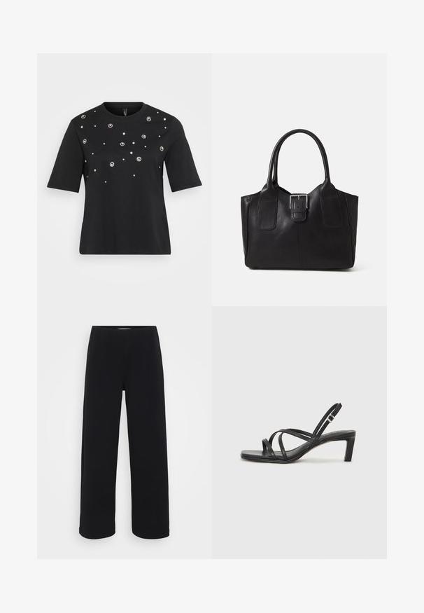 Zwart T-shirt met korte mouwen van katoen, met cirkelvormige zilveren versieringen die in een verspreid patroon over de voorkant zijn aangebracht.; Zwarte wijde broek met een elastische tailleband. Gemaakt van een gestructureerd materiaal, met een losse pasvorm en rechte snit van heup tot zoom.; Zwarte sandaal met bandjes, vierkante teen en een lage blokhak. Voorzien van meerdere dunne bandjes en een verstelbare enkelband. Gemaakt van zacht leer.; Zwarte leren tote bag met een gladde textuur, gestructureerde vorm, twee handvatten en een opvallend zilveren sluitingdetail aan de voorkant.