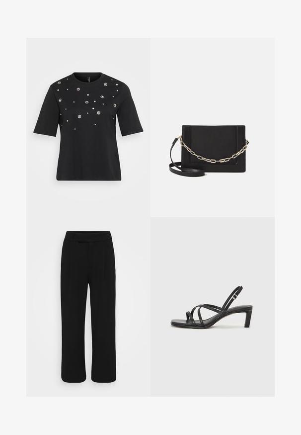 Čierne tričko s krátkym rukávom vyrobené z bavlny, ktoré má okrúhle strieborné ozdoby usporiadané v rozptýlenom vzore po prednej strane.; Čierne nohavice s voľným strihom vyrobené z hladkej tkaniny, s plochým predným dielom, pútkami na opasok a bez viditeľných vreciek. Čistý, prispôsobený dizajn.; Čierne sandále na vysokom podpätku so štvorcovou špičkou a nízkym blokovým podpätkom. Obsahujú viacero tenkých popruhov a nastaviteľný členkový popruh. Vyrobené z hladkej kože.; Čierna kožená crossbody taška s hladkou textúrou, obdĺžnikovým tvarom a kovovým reťazovým detailom na prednej strane. Súčasťou je nastaviteľný popruh.