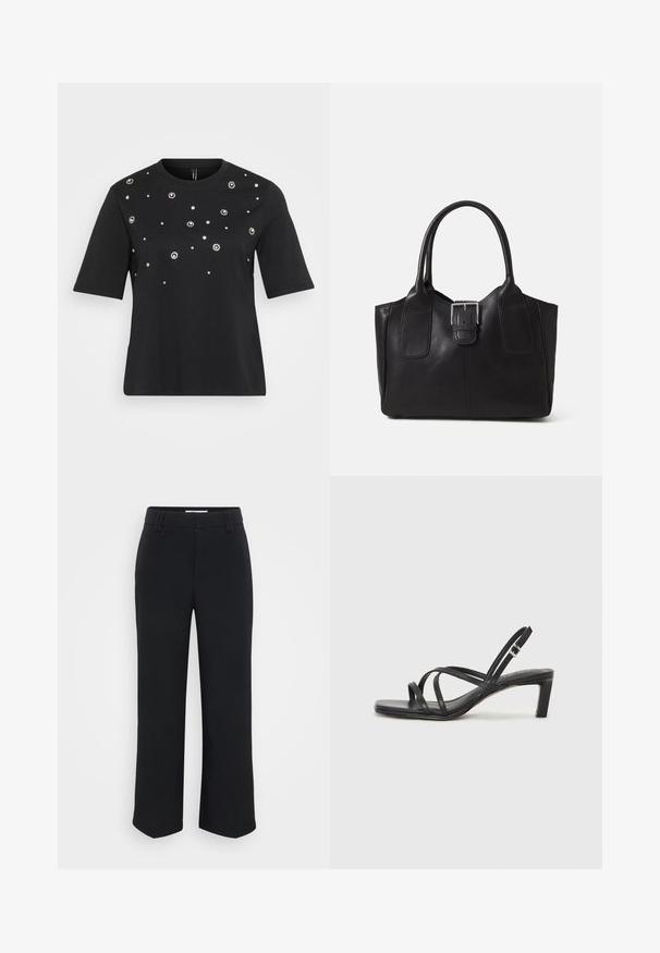 Black short-sleeve t-shirt made of cotton, featuring circular silver embellishments arranged in a scattered pattern across the front.; Black wide-leg trousers with a smooth texture, featuring a flat waistband and side pockets, designed with a minimalist aesthetic.; Black strappy sandal with a square toe and a low block heel. Features multiple thin straps and an adjustable ankle strap. Made of smooth leather.; Black leather tote bag with smooth texture, structured shape, two handles, and a prominent silver buckle detail on the front.
