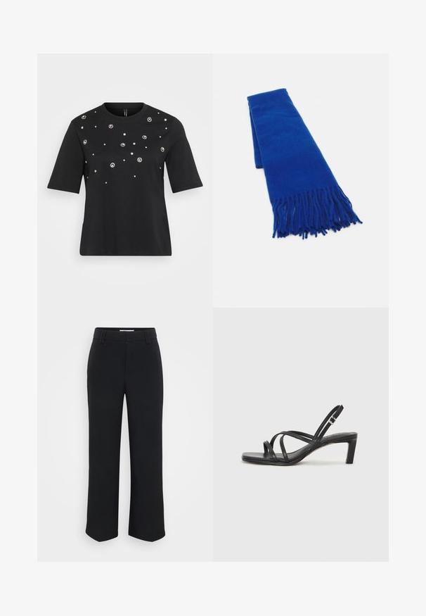 Sort kortærmet t-shirt lavet af bomuld, med cirkulære sølvdekorationer arrangeret i et spredt mønster på forsiden.; Sorte brede bukser med en glat tekstur, der har en flad talje og sidelommer, designet med en minimalistisk æstetik.; Sort remsandale med firkantet tå og en lav blokeret hæl. Har flere tynde stropper og en justerbar ankelrem. Fremstillet af glat læder.; Blå vævet tørklæde med frynser i enderne, glat struktur, rektangulær form og en ensartet farve hele vejen igennem. Velegnet til koldt vejr.