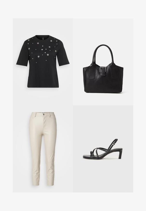 Čierne tričko s krátkym rukávom vyrobené z bavlny, ktoré má okrúhle strieborné ozdoby usporiadané v rozptýlenom vzore po prednej strane.; Béžové nohavice z imitácie kože so slim fit strihom, prednými vreckami a gombíkovým zapínaním, s hladkou textúrou a zúženými nohavicami.; Čierne sandále na vysokom podpätku so štvorcovou špičkou a nízkym blokovým podpätkom. Obsahujú viacero tenkých popruhov a nastaviteľný členkový popruh. Vyrobené z hladkej kože.; Čierna kožená taška s hladkou textúrou, štruktúrovaným tvarom, dvoma uchami a výrazným strieborným prackovým detailom na prednej strane.