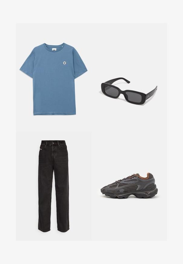 T-shirt di cotone blu con scollo rotondo, maniche corte e un piccolo logo rotondo con una "W" nella zona sinistra del petto.; Pantaloni wide-leg in denim nero con vita alta, chiusura con bottone frontale, due tasche laterali e dettagli di cucitura sottili.; Sneaker Lacoste grigie scure in materiale mesh e sintetico, con suola testurizzata e dettagli marroni sul colletto e sul branding.; Occhiali da sole neri rettangolari con lenti scure, montature in plastica liscia e aste larghe. Branding sottile sul lato.