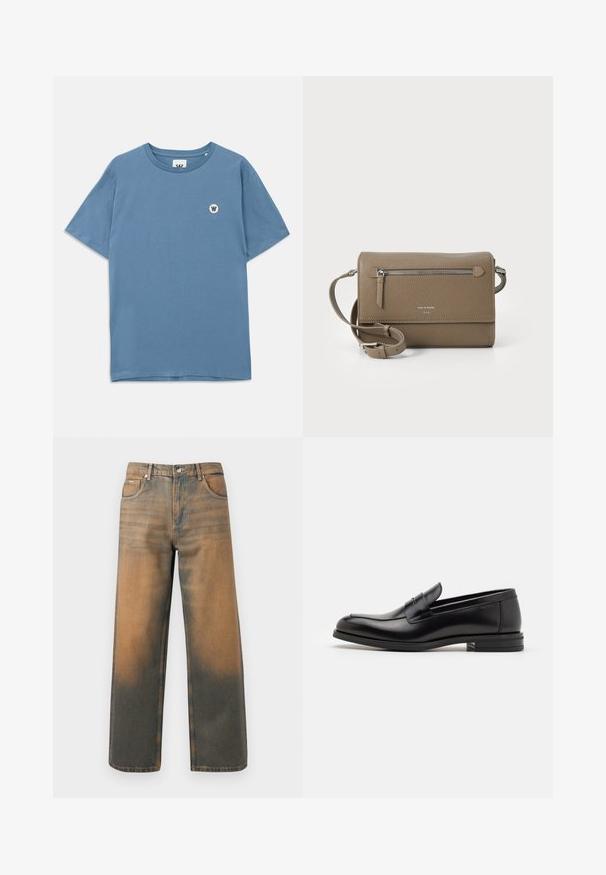 Kék pamut póló kerek nyakkivágással, rövid ujjakkal és egy kis kerek logóval, amelyen egy "W" látható a bal mellső részen.; Széles lábú farmernadrág kopott kék és barna denimből. Jellemzői a magas derék, az elülső zsebek, és egy klasszikus gombos záródás fémes díszítéssel.; Fekete bőr loaferek sima textúrával, kerek orral és dekoratív pánttal a vampnál. Alacsony, rétegelt sarkú, minimalista dizájn.; Taupe színű bőr keresztpántos táska cipzáras elülső zsebbel, állítható pánttal, gyöngy felületű textúrával és a táska elején domború logóval.