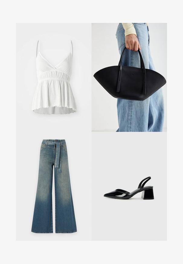 White sleeveless top with a V-neckline, textured fabric, and gathered waist. Features a flared hem and thin adjustable straps.; Wide-leg denim trousers featuring a light to dark blue gradient, high waist, belt loops, and a matching fabric belt. Textured denim finish.; Black patent leather slingback heels with a pointed toe and a geometric block heel. Features a sleek, minimal design and smooth texture.; Black leather handbag with a unique fan shape, featuring flat handles. The surface has a pebbled texture and a minimalistic design.