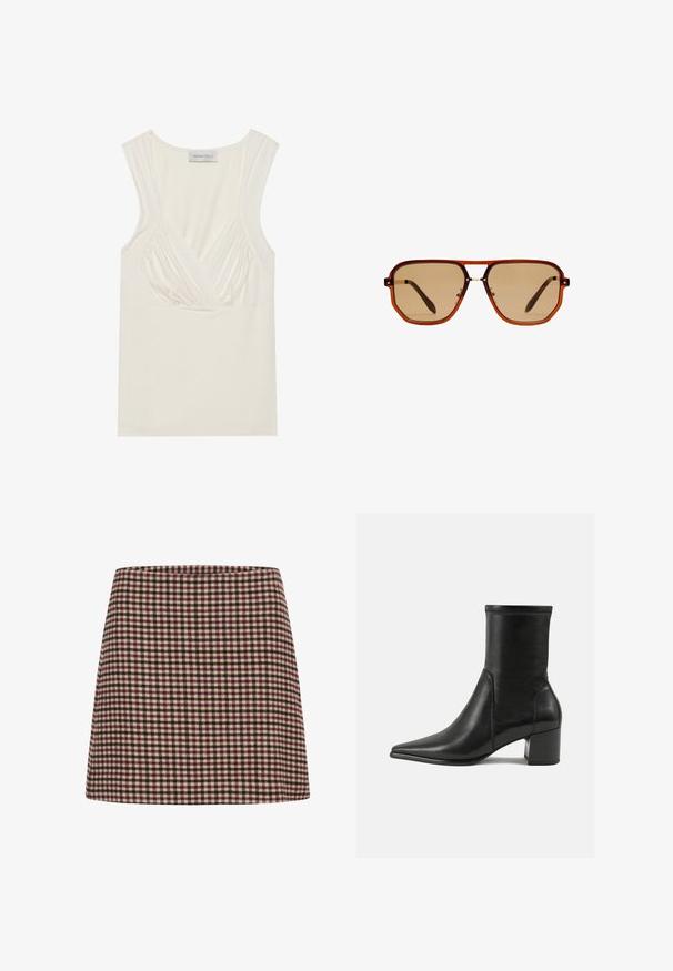 Cremefarvet ærmeløs top med V-hals og sammensyning på siderne, lavet af blødt, strækbart materiale. Tagget siger "ANNA FIELD."; En rød og kremfarvet ternet mini-nederdel med en lige silhuet og tekstureret stof. Ingen synlige lukninger eller pynt.; Sorte ankelstøvler lavet af glat læder, med spids tå, en blokhæl og markant hævet syning ved den øverste kant.; Brune oktagonale solbriller med en gennemsigtig amber-ramme og brune tonede linser. Har et metalaccent ved næsestykket og slanke stængler.; Brun suede tote taske med dobbelthåndtag, en lukning med knap og en afslappet, let slaskete form.