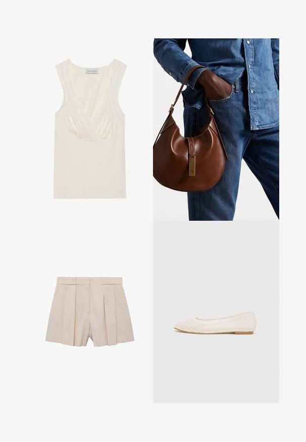 Valkoinen hihaton paita, jossa on V-pääntie ja kerättyjä yksityiskohtia sivuilla, valmistettu pehmeästä, joustavasta materiaalista. Tagi kertoo "ANNA FIELD".; Beige laahustavad lühikesed püksid, millel on kohandatud disain, kõrge vöökoht ja sile tekstuur. Neli esist laahust loovad volüümi. Ilma taskuteta.; Valkoiset tasapohjaiset kengät, joissa on verkkomuotoilu, teräväkärkiset ja matalapohjaiset. Kuosisesti teksturoitu päällinen, jossa on sileä vuori ja hillitty kontrastivärinen viimeistely.; Ruskea nahkainen hobo laukku pyöreällä muotoilulla, jossa on kultaiset yksityiskohdat ja kontrastiväriommeltu. Yhdistetty farkkupaitaan ja farkkuihin.