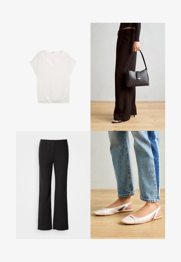 Top alb cu mânecă scurtă, decolteu în V, dintr-un material texturat, cu o croială lejeră și detalii elastice la margine, potrivit pentru ținute casual.; Pantaloni negri dintr-un amestec de bumbac, cu un design drept, închidere frontală cu buton și două buzunare laterale. Textură netedă, fără modele vizibile.; Sandalete plate de un roz pal cu vârf ascuțit, realizate dintr-un material asemănător pielii, neted. Prezintă detalii decupate pe laterale și un toc plat.; Genți negre cu o formă structurată, textură netedă și un închizător metalic. Asortată cu pantaloni negri largi și sandale cu vârf deschis pe un podea din lemn.