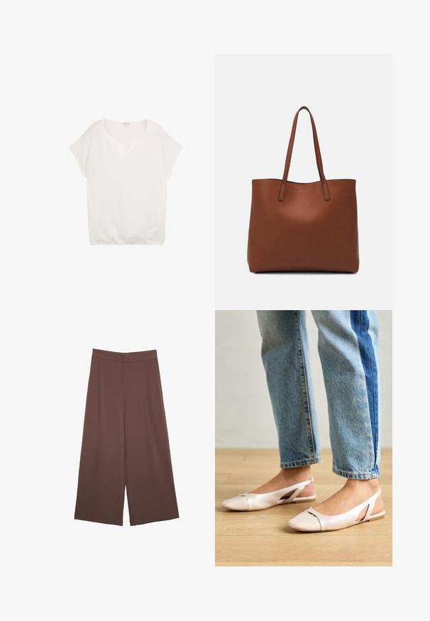 Biely krátky rukáv s výstrihom do V, textúrovaná tkanina, voľný strih a elastický lem, vhodné na neformálne nosenie.; Hnedé nohavice so širokými nohavicami a hladkou textúrou, s vysokým pásom a prednými skladmi. Tkanina je ľahká a voľne sa pohybuje.; Svetloružové slingback baleríny s jemne špicatou špičkou, vyrobené z hladkého materiálu pripomínajúceho kožu. Majú výrezové detaily na stranách a plochý opätok.; Hnedá kožená taška na rameno s hladkou textúrou, otvoreným vrchom a dvoma ramenými popruhmi. Má minimálne šitia a žiadne viditeľné kovania.