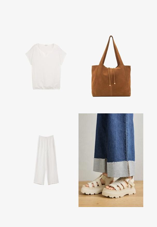 Biely krátky rukáv s výstrihom do V, textúrovaná tkanina, voľný strih a elastický lem, vhodné na neformálne nosenie.; Biele široké nohavice vyrobené z ľahkej tkaniny. Obsahujú elastický pás so sťahovacou šnúrkou a bočné vrecká. Hladká textúra.; Béžové platformové sandále s hrubými podrážkami majú pruhovaný dizajn a nastaviteľné popruhy okolo členka. Nosené sú s džínsovými nohavicami s širokými nohavicami, pri ktorých je jeden lem rozstrapkaný.; Hnedá semišová taška cez rameno s dvoma dlhými popruhmi, sťahovacou šnúrkou a minimalistickým dizajnom. Hladký povrch a žiadne viditeľné kovové doplnky.
