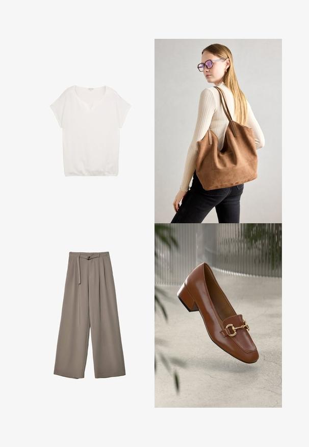 Hvid kortærmet top med V-hals, tekstureret stof, afslappet pasform og elastisk kantdetalje, velegnet til hverdagstøj.; Vide ben bukser i et blødt, afdæmpet grå stof, med en bælte i taljen og plisseringer for ekstra designdetalje. Glat tekstur, ingen mønstre.; Brun patentlæder loafers med firkantet tå, metallisk kædeaccent og lav blokhæl; glat tekstur, minimalistisk design.; Brun ruskind tote taske med blød tekstur, stor åbning og lange stropper. Har et enkelt design med synlige syninger og ingen hardware.