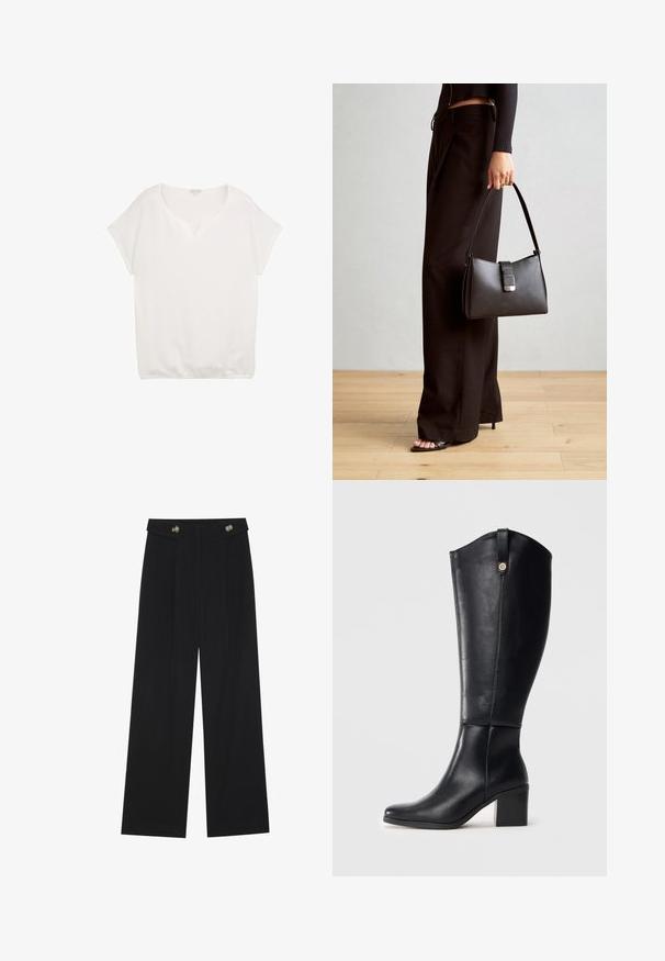 Fehér, rövid ujjú felső V-nyakkal, textúrált anyagból, laza szabással és elasztikus szegéllyel, alkalmas hétköznapi viseletre.; Fekete, bő szárú nadrág magas derékkal, gombos részletekkel a derékrészen és elülső pliszékkal.; Fekete, térd fölé érő bőrcipők négyzet alakú orral és tömb sarkal. Oldalsó varrással és dekoratív fém kiegészítővel a tetején.; Fekete kézi táska strukturált formával, sima textúrával és fémből készült záródással. Széles fekete nadrággal és nyitott orrú szandállal párosítva, fából készült padlón.