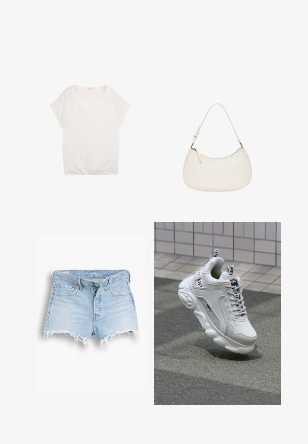 White short-sleeve top with a V-neck, textured fabric, relaxed fit, and elastic hem detail, suitable for casual wear.; Light blue denim shorts with a high waist, frayed hem, five-pocket design, and contrasting stitching. Two buttons at the front closure.; White sneaker with mesh and leather materials, rounded toe, thick sole, prominent laces, and branding on the heel and tongue.; White leather handbag featuring a curved shape, adjustable strap, and top zipper closure. Smooth texture with minimal hardware details.