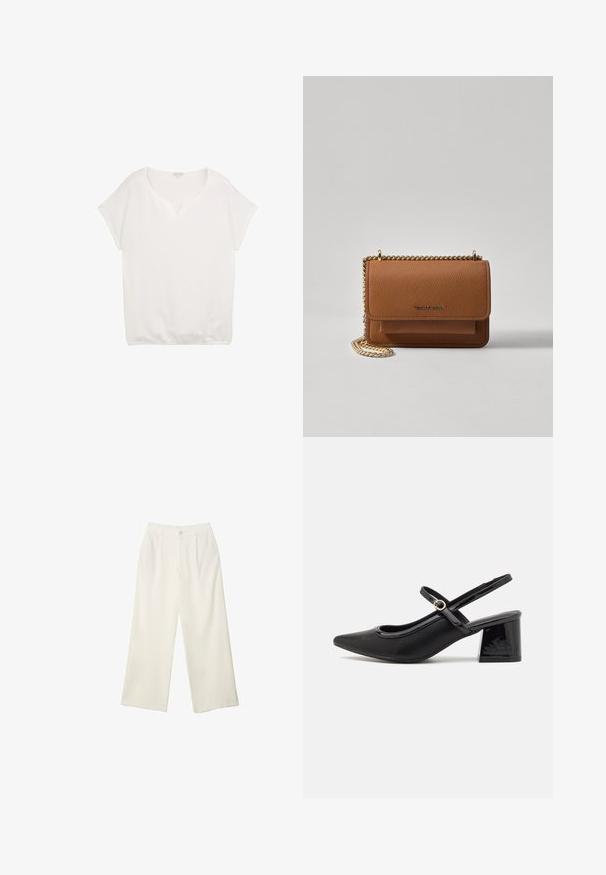 Top bianco a maniche corte con scollatura a V, tessuto testurizzato, vestibilità rilassata e dettaglio dell'orlo elastico, adatto per un look casual.; Pantaloni a gamba larga in tessuto crema con una texture liscia, caratterizzati da un singolo bottone frontale, pieghe sottili e un design a vita alta.; Décolleté in vernice nera con cinturino dietro, punta affusolata, design con ritagli arrotondati e tacco a blocco. Presenta un accento di fibbia tono oro.; Borsa a tracolla in pelle marrone con texture, dotata di catena dorata e chiusura a pattina. Sul davanti presenta un dettaglio con logo e una tasca sotto la pattina.