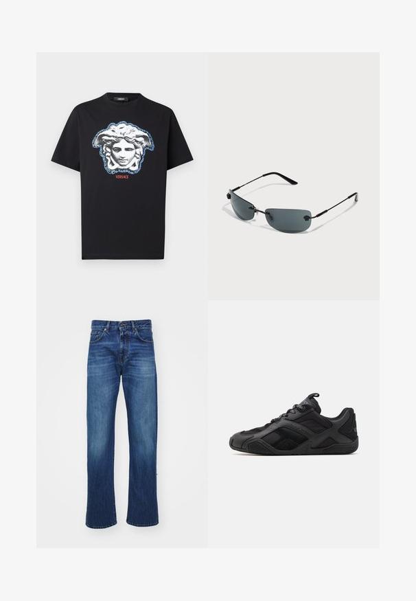 Fekete pamut póló, amelyen kiemelkedő Medúza-fej grafika látható szürke és kék színekben, görög kulcs mintával, és piros "VERSACE" felirat.; Kék farmernadrág, egyenes szárú dizájnnal, elülső zsebekkel, övbújtatókkal és enyhe kopásokkal a comboknál. Tartós szövettextúra.; Fekete sportcipők sima és texturált anyagok keverékéből, jellegzetes kialakítással, formázott talppal és hangsúlyos logó részletekkel.; Fekete fém keretes napszemüveg, sötét árnyalatú lencsékkel, minimalista dizájn, és állítható orrpárnákkal a kényelemért.
