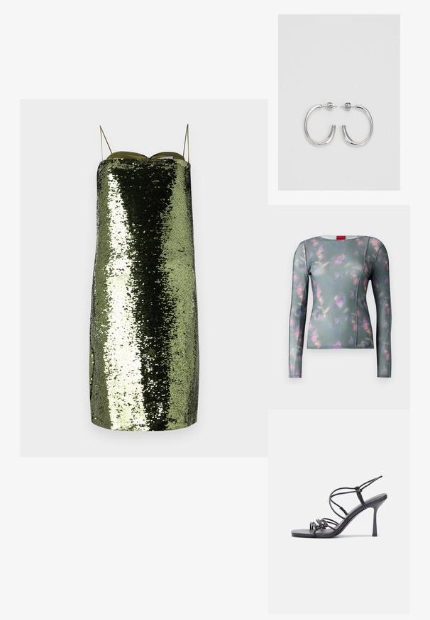 Majica z dolgimi rokavi iz mehkega materiala z zeleno osnovo, ki ima cvetlični vzorec v roza in vijoličnih odtenkih, šivi so obdelani, ima pa tudi okroglo ovratnik.; Zelena obleka s sequini, naravnega kroja, z tankimi nastavljivimi naramnicami, ki ima odsevno teksturo in ozko silhueto.; Črne visoke sandale na peto imajo tanke naramnice z vozlom, gladek kvadratni toe in eleganten stiletto peto.; Svetlo siva kovinska torbica z verižnim ročajem, okrašena z majhnimi okroglimi kovinskimi bleščicami in trikotnim logotipom blagovne znamke.; Srebrne obročaste uhane z gladko, sijočo površino. Zaobljena oblika, lahka zasnova, z zapiranjem na zatič.
