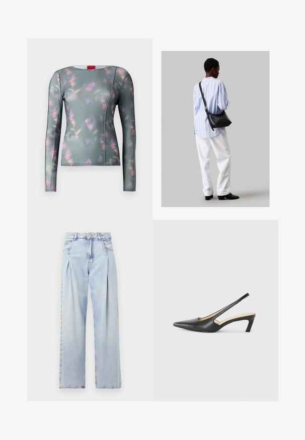 Pikkade varrukatega pehme kangast pluus rohelise alusega, millel on lillemuster roosa ja lillaga, õmblustega seamised ning ümmargune kaelus.; Heledad sinise denimist valmistatud teksapüksid kõrge vöökohaga, laia jala lõikega, kahe külje taskuga ja pleedi disainiga. Pehme tekstuur ja pleekinud viimistlus.; Must mustaga, terav varvas, madala kontsaga sildiga king, mis on valmistatud siledast nahast ja mille küljel on lõike disain hingavuse tagamiseks.; Must have mustras alasi nahkpatsi, pehme tekstuuriga, kolmnurkse kujuga ja reguleeritava rihmaga, koos helesinise triibulise särgi ja valgete pükstega.