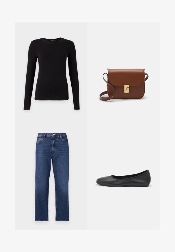WEEKEND MaxMara MULTIE - Langarmshirt - nero; Jeans aus Denim in einem dunklen Blauton. Gerades Bein Design mit fünf Taschen, Frontknopfverschluss und kontrastierenden Stickereidetails.; Schwarze Leder-Ballettschuhe mit abgerundeter Spitze, glatter Textur, minimalen Nähdetails und einem flexiblen Sohlen-Design.; Braune Ledertasche mit Klappenverschluss, Beschlägen in Goldfarbe, einem Schultergurt und einer glatten Oberfläche. Kompakte rechteckige Form.