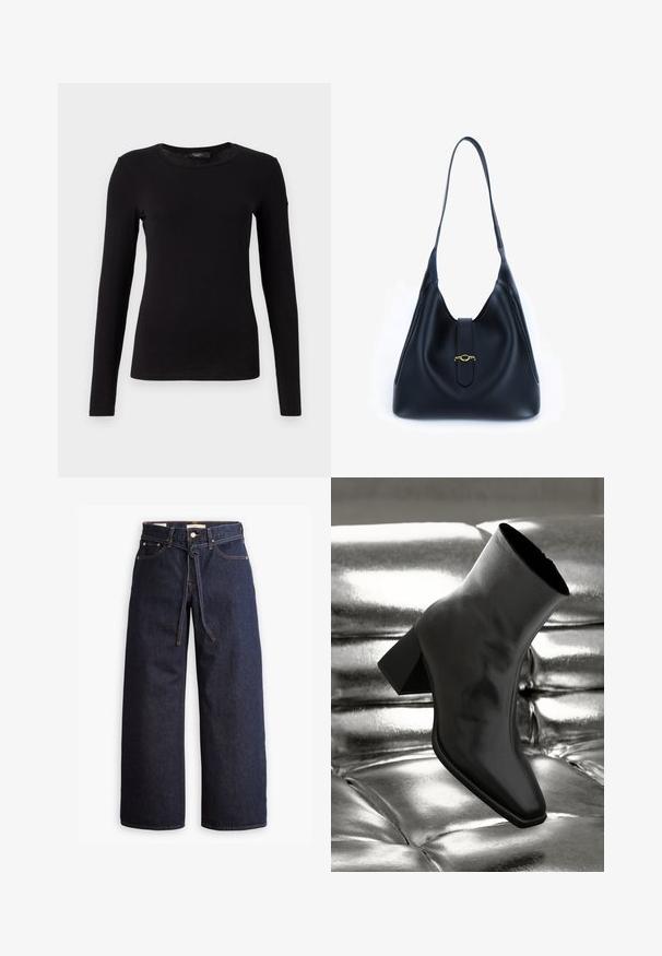 WEEKEND MaxMara MULTIE - Pikkade varrukatega topp - nero; Laiad joped tumeda sinise denimi ja kõrge taljega, millel on paela kinni tõmbamise võimalus, viis taskut ja kontrastsete õmblustega detailid.; Must musta narmand, läikiva materjali ja ruudukujulise varbaga ning kitseneva kontsaga, paigutatud läikiva hõbedaselt tuftitud tausta ette.; Must mustrist must alune, leeval ja pehme disainiga. Omab lamedat rihma ja keskel asuvat sulgemist, millel on kuldne aksent.