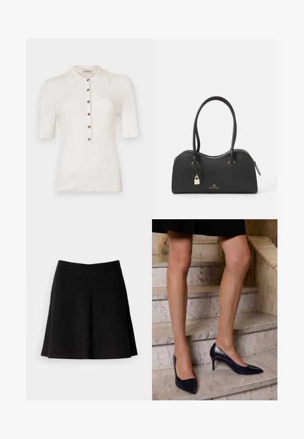 Balts ribots adīts polo krekls ar īsām piedurknēm, pogu priekšpusi un sānu iegriezumiem. Tam ir klasisks apkakle un apaļas pogas.; Melna izplūstoša svārku forma no mīksta auduma, ar pieguļošu jostu un šuvju izstrādājumu. Gluda tekstūra ar vienkāršu, klasisku dizainu.; Tumši zilie augstpapēžu apavi ar smailo pirkstu, ar gludu un teksturētu apdari, kas atgādina krokodila ādu.; Melnā rokassoma, izgatavota no teksturēta sintētiska materiāla ar izliekta dizaina, zelta detaļām, divām rokturām un atvienojamu slēdzenes akcentu.