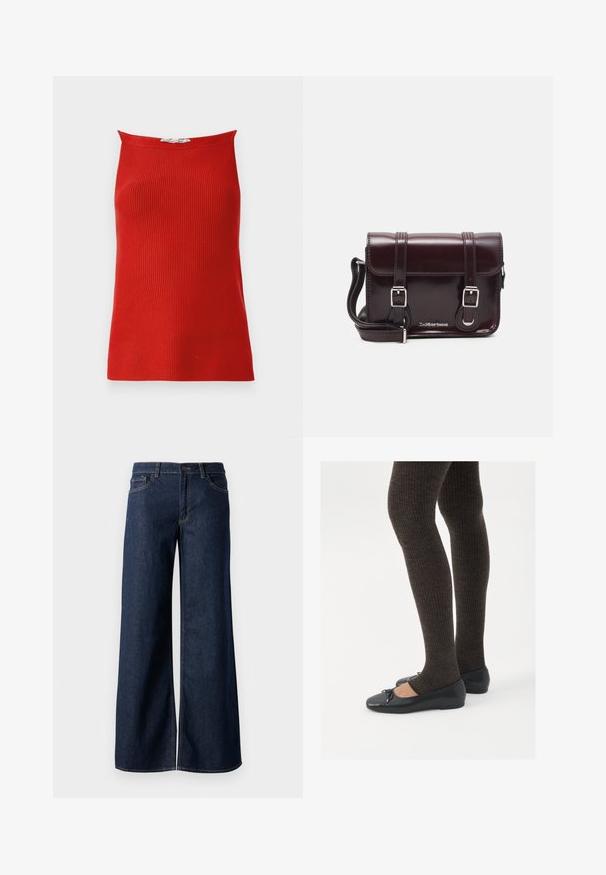 Punane ribaga spagetitop, sirge kaelusega ja sobiva siluetiga, valminud siledast kangast. Pole nähtavaid kinnitusi ega mustreid.; Laiad teksad tumesinises denimis. Omab kontrastõmblusi, viit taskut ja nupukinnitust vööl. Sile tekstuur.; Mustad mustad kingad väikese teksaga varvaste juures, koos tumedate pruunide ribakangastega. Kingadel on sile tekstuur ja madal profiil.; Burgundi värvi patendiga nahast risti koti, millel on ristkülikuline kuju, kaks rihma, hõbedased detailid ja klapi sulgur.