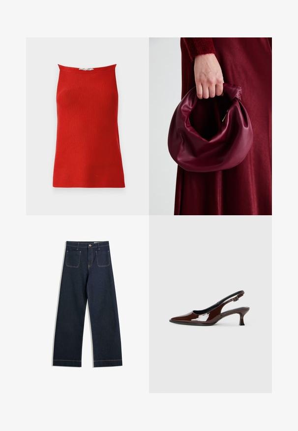 Red ribbed tank top with a straight neck and fitted silhouette, made from smooth fabric. No visible fastenings or patterns.; Dark blue wide-leg jeans made of denim with contrasting tan stitching, two back pockets, and a button closure at the waist.; Brown patent leather slingback shoe with a pointed toe and a moderate heel. Features a buckle strap for secure fit. Smooth texture.; Burgundy leather handbag with a soft, gathered design and a rounded shape. The handle is secured, showcasing a smooth texture.