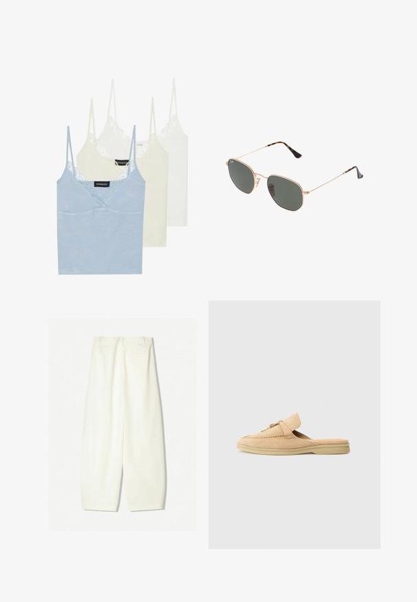 Drie camisoles: lichtblauw, crèmewit en wit. Gemaakt van zachte stof met kantafwerking langs de halslijn en dunne verstelbare schouderbandjes.; Brede broekspijpen in een zachte crèmekleurige stof, met een gladde textuur, zijzakken en een relaxte pasvorm met een middenhoog tailleband.; Beige suède instapschoen met een ronde neus, decoratieve stiksels en een gouden hardware accent. Platte zool en zachte binnenvoering.; Gouden metalen zonnebril met donkergroene lenzen, aviator-stijl, met slanke scharnieren en schildpad-accenten op de uiteinden.; Witte handtas met een gebogen silhouet, textuurleer, gouden hardware en een afneembare schouderriem met een logo en gespdetail.